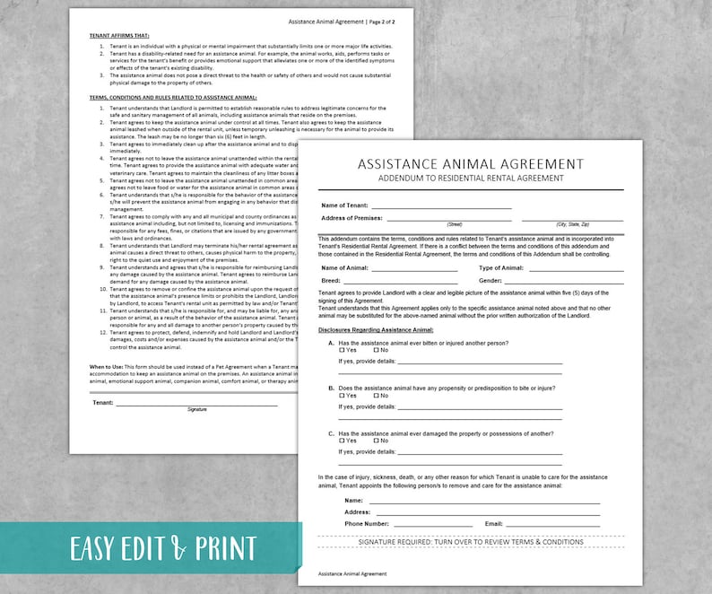 Service Animal Addendum Assistance Animal Request & Agreement | Renters Emotional Support Pet ...