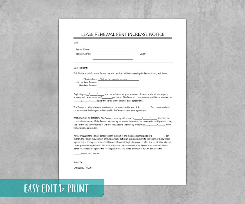 Rent Increase Notice Template Lease Renewal Increase Form Renter Rent Increase Notice Template Lease Renewal Increase Form Renter