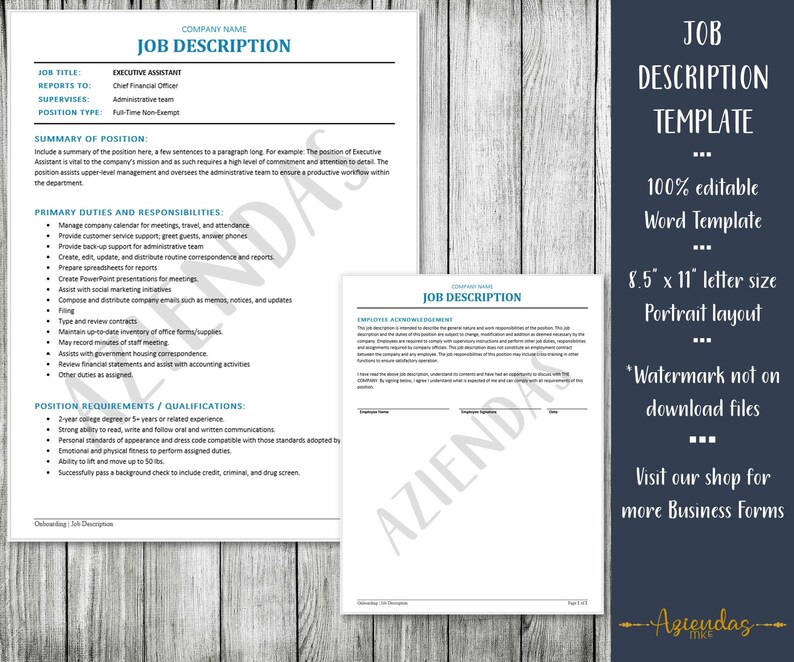 Employee Job Description Template Instant Digital Download Etsy UK