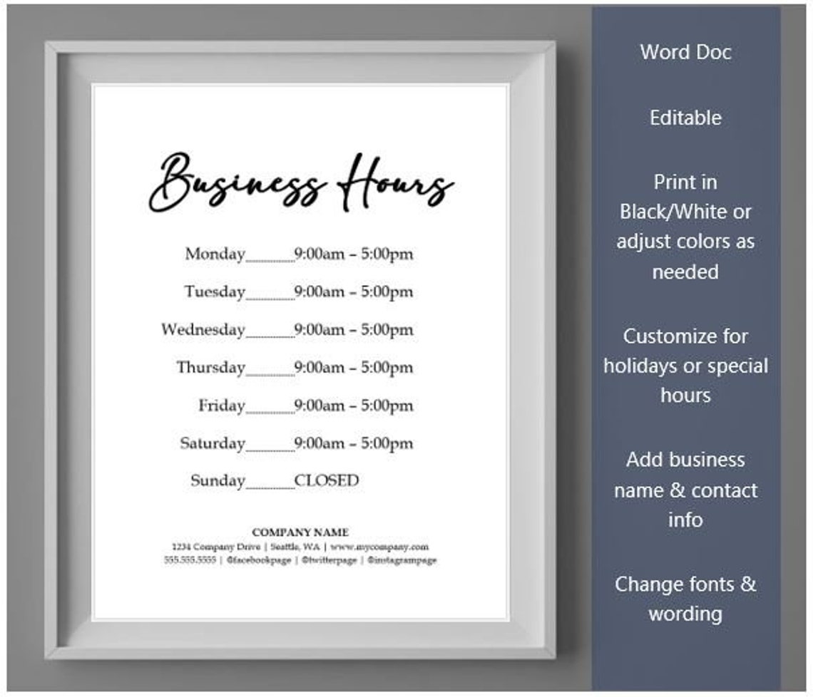Business Hours Sign Printable Template Hours of Operation - Etsy