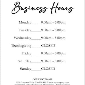 Business Hours Sign Printable Template Hours of Operation - Etsy