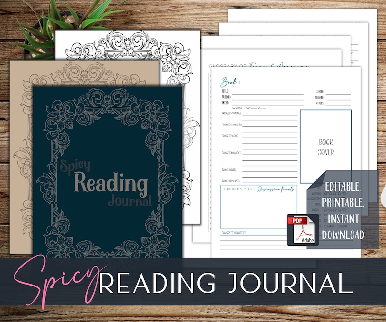 Pu&ograve; includere: Un diario di lettura stampabile con una copertina blu scuro con una cornice argentata decorativa e il testo "Spicy Reading Journal". Il diario include un glossario dei termini, una pagina di copertina del libro e spazio per pensieri, note e punti di discussione.