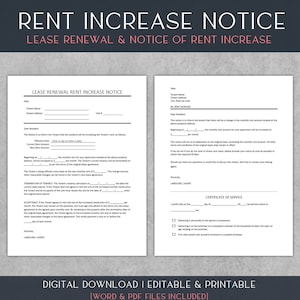 Plantilla de aviso de aumento de alquiler / Formulario de aumento de renovación de arrendamiento / Formularios para inquilinos y propietarios / Editable / Word / PDF / Carta 8.5x11