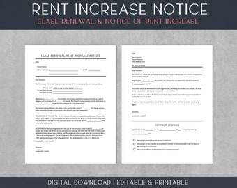 Rent Increase Notice Template | Lease Renewal Increase Form | Renter, Landlord Forms | Editable | Word | PDF | 8.5x11 Letter