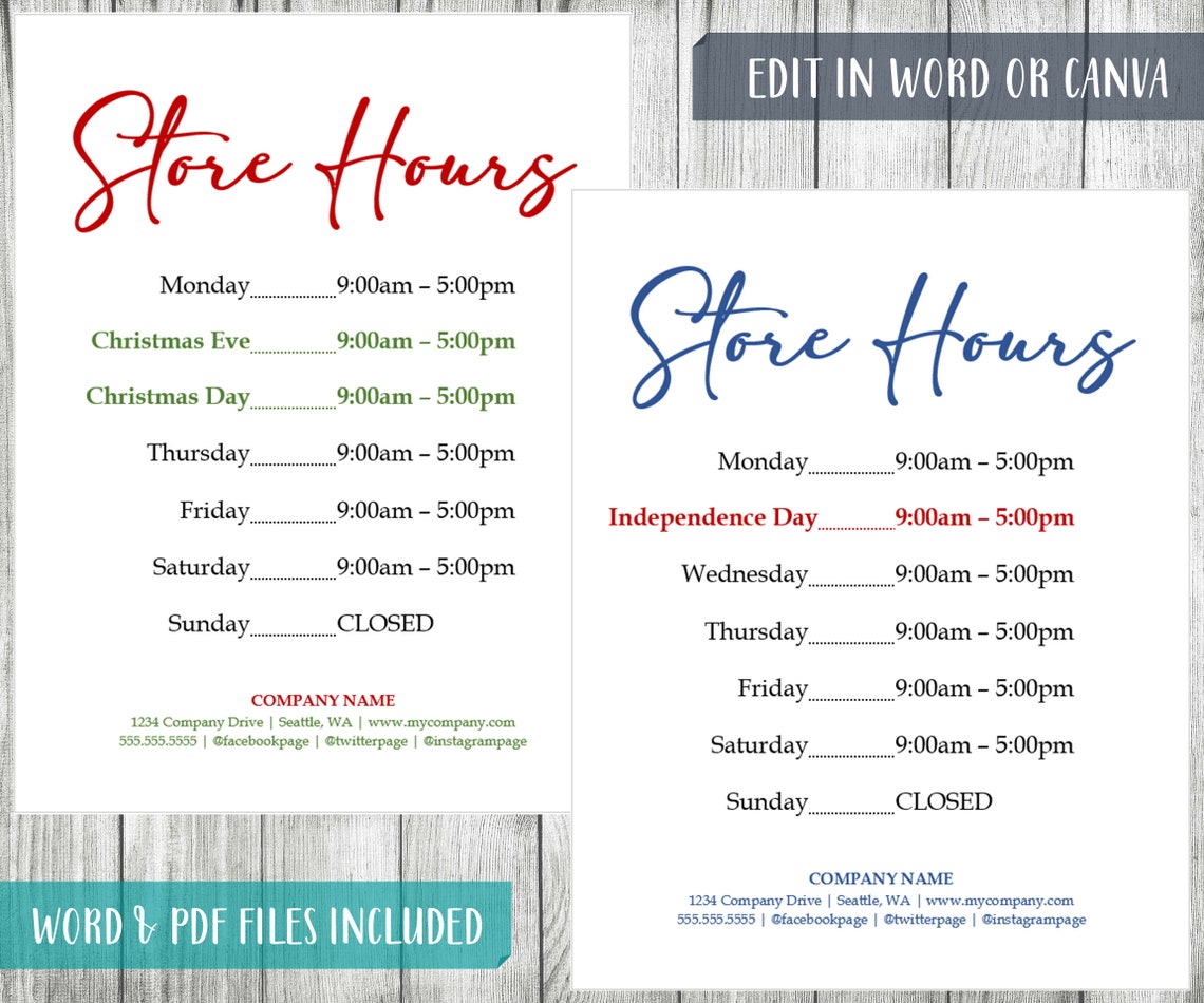 Business Hours Sign Editable Printable Template Store Hours Hours of