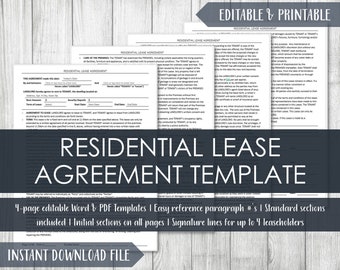Residential Lease Agreement Template | Rental Contract | Landlord Forms | Printable Instant Download | Editable | Word | PDF | 8.5&quot; x 11&quot;