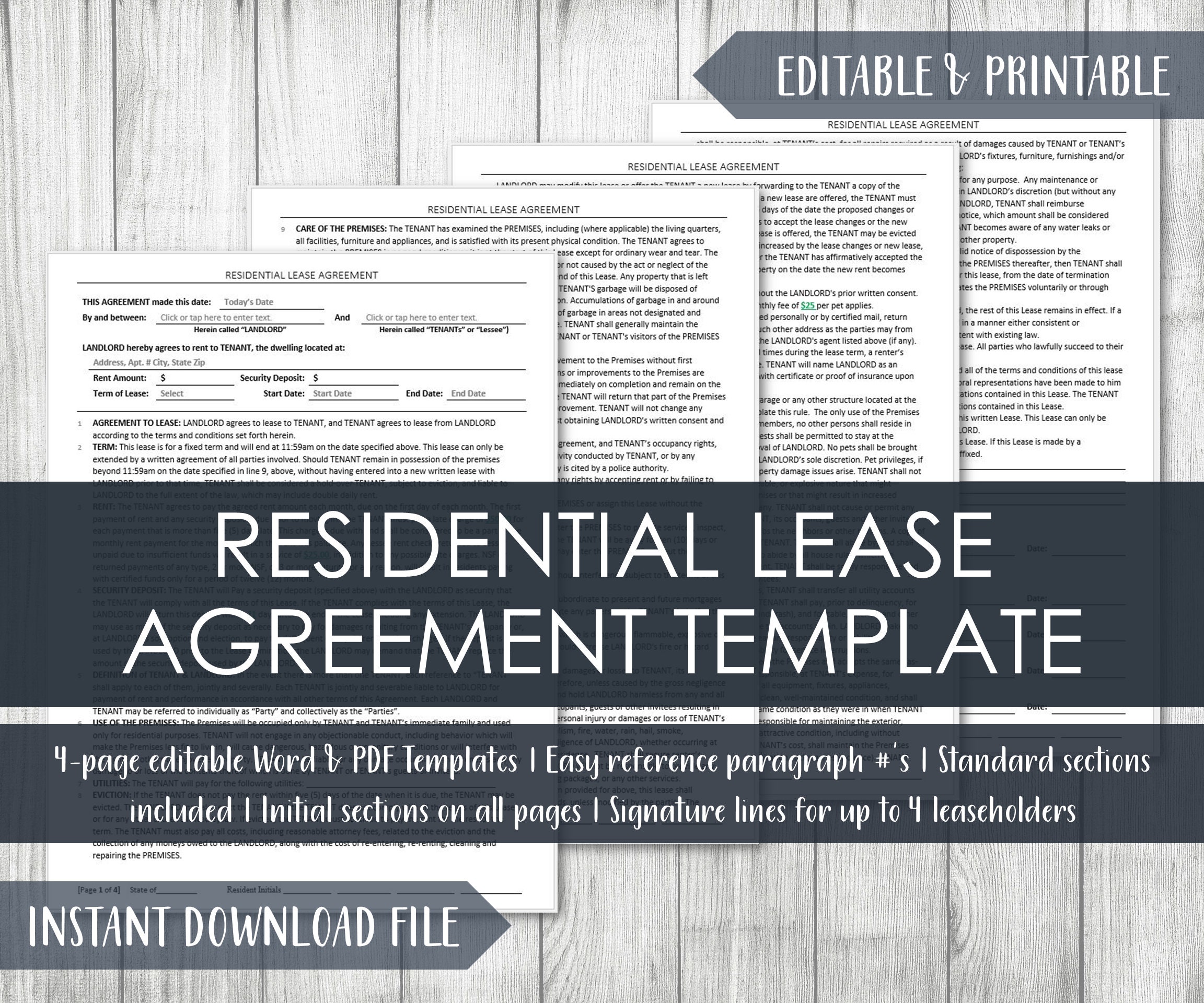 Residential Lease Agreement Template | Rental Contract | Landlord Forms | Printable Instant Download | Editable | Word | PDF | 8.5" x 11"