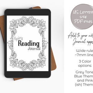 Pu&ograve; includere: Un tablet digitale che mostra un modello di diario di lettura stampabile con un bordo decorativo. Il diario &egrave; intitolato "Spicy Reading Journal". Il testo "US Letter Size PDF Files" e "Add to your note or Journal apps" &egrave; visibile sul lato destro dell'immagine.