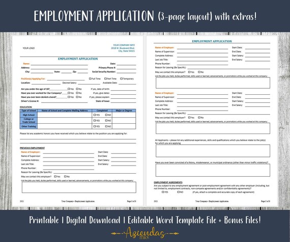 employment application 3 page layout editable word etsy canada