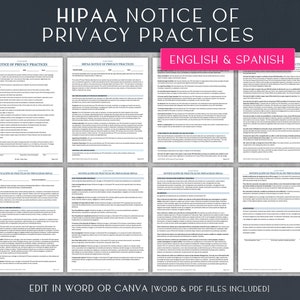 May include: A document titled "HIPAA Notice of Privacy Practices" in English and Spanish. The document includes information about the use and disclosure of protected health information.