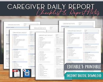 Caregiver Daily Task List & Note Page for Monitoring Patient Health, Changes, Progress | Home Care Checklist Form patient client care Record