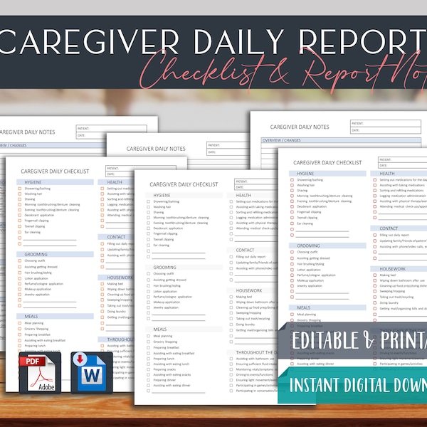 Caregiver Daily Task List & Note Page for Monitoring Patient Health, Changes, Progress | Home Care Checklist Form patient client care Record