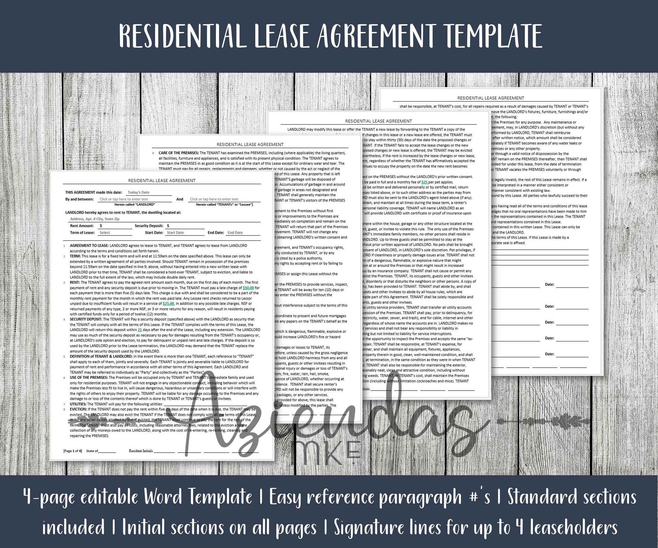printable residential lease agreement template landlord etsy