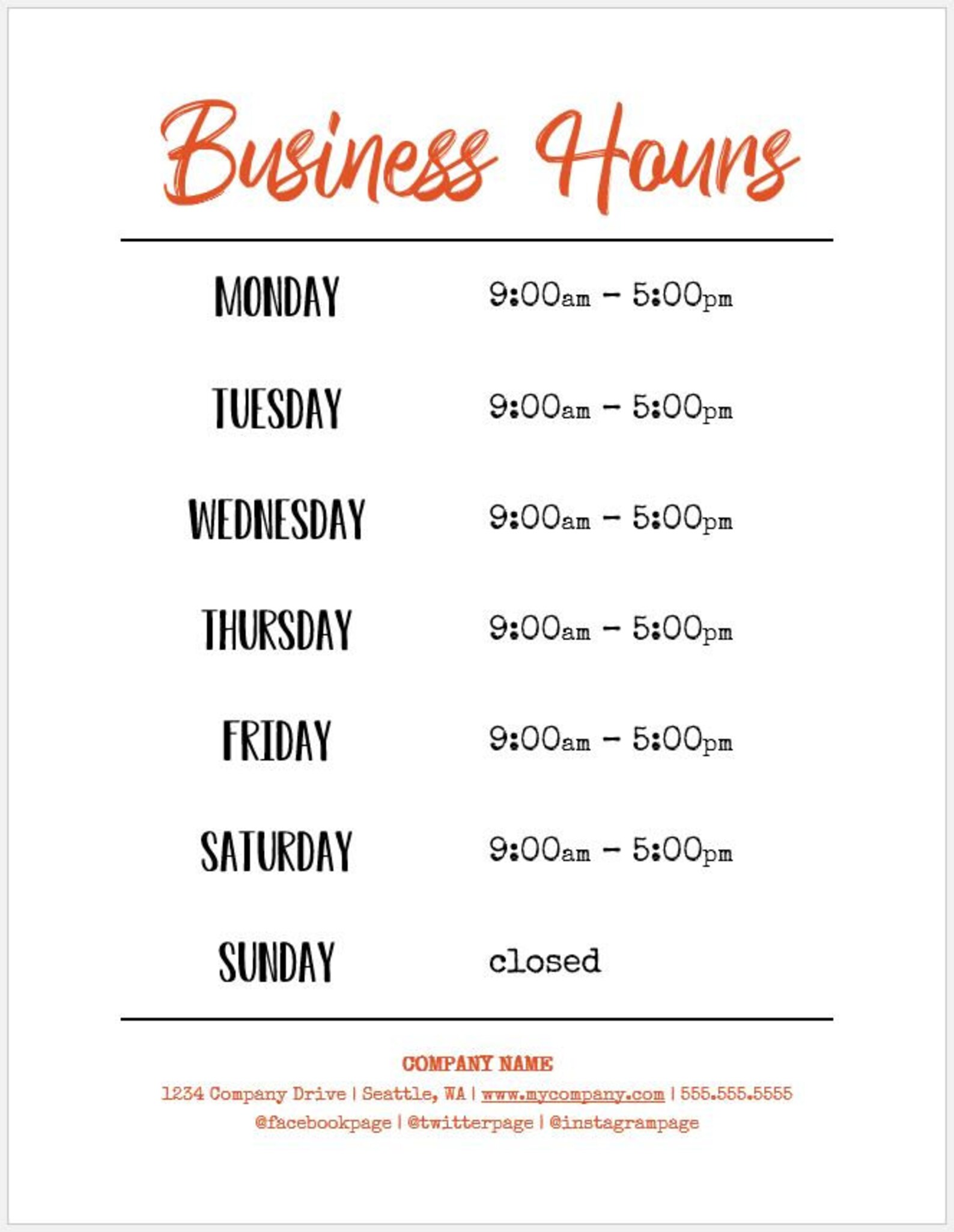 Business Hours Sign Printable Template Hours of Operation Etsy