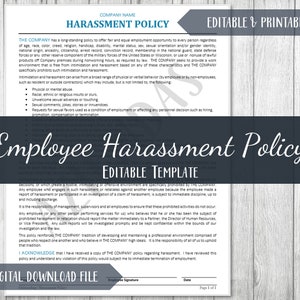 Może przedstawiać: Edytowalny szablon polityki dotyczącej molestowania w miejscu pracy. Dokument zawiera sekcję na nazwę firmy, oświadczenie o zaangażowaniu firmy w równe szanse oraz listę zakazanych zachowań. Dokument zawiera również sekcję na potwierdzenie i podpis pracownika.