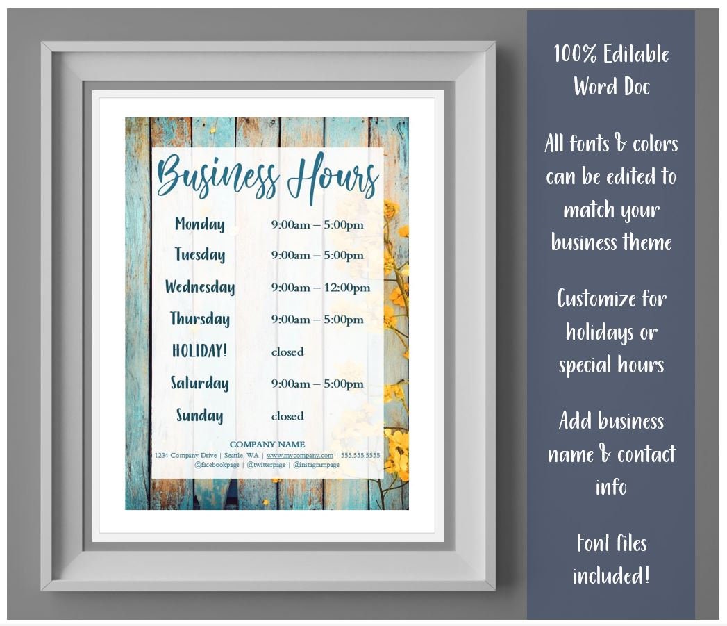 Business Hours Sign Printable Template Hours of Operation