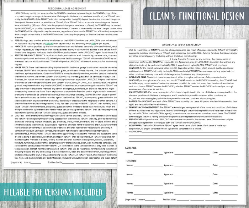 May include: A fillable residential lease agreement form with sections for landlord and tenant information, including names, signatures, and dates. The form includes sections for pet policies, house rules, utilities, maintenance and repairs, and additional terms.