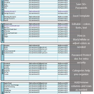 Ultimate Password Organizer | Excel | 50+ Passwords | Password Keeper | Password Tracker | Categorized | Printable Instant Download | 8.5x11