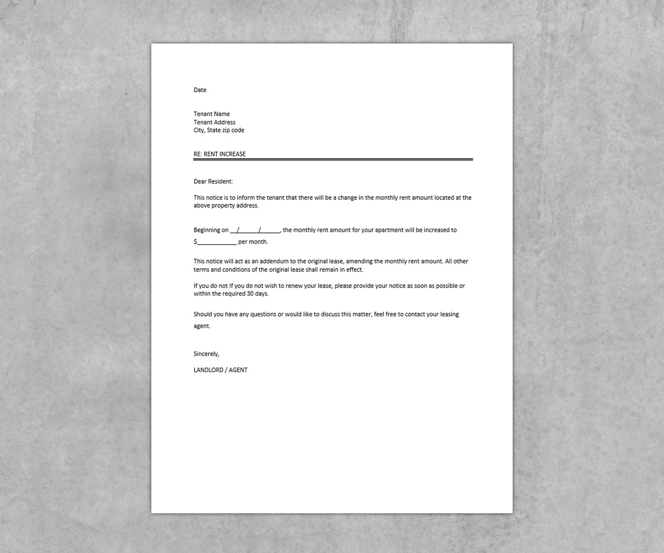 Rent Increase Notice Template Lease Renewal Increase Form Renter, Landlord Forms Editable Word