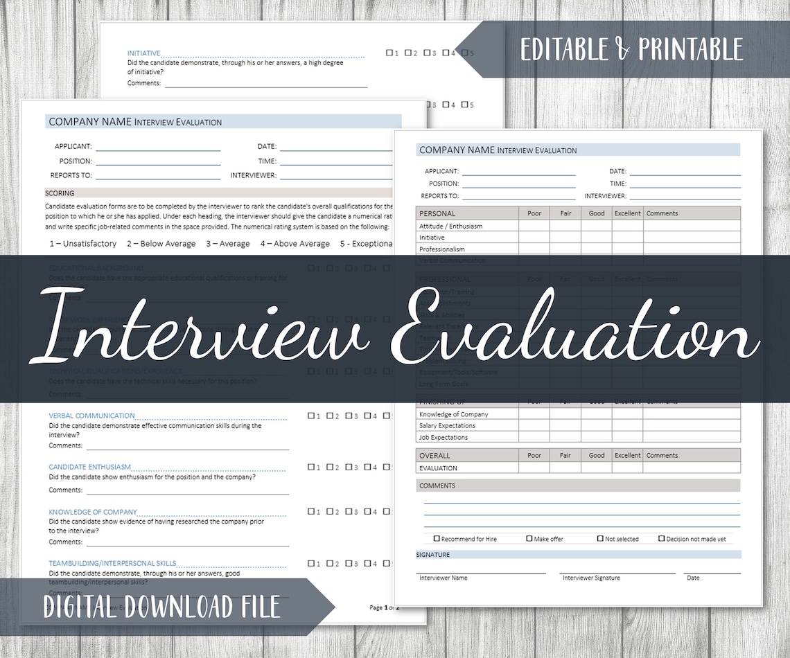 Applicant Interview Evaluation Template: Editable & Printable (digital ...
