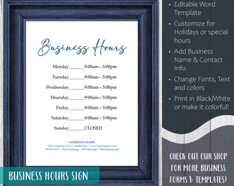 Business Hours Sign Editable Printable Template | Store Hours | Hours of Operation | Holiday | Shop Hours | WORD Instant Download | 8.5x11