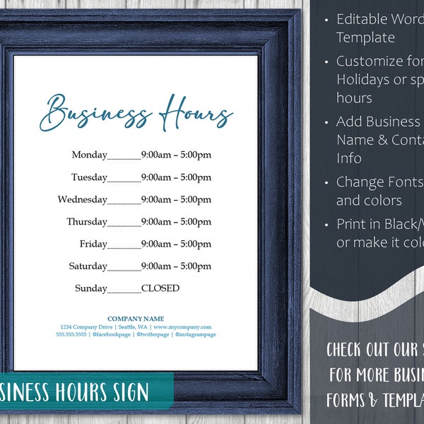 Business Hours Sign Editable Printable Template | Store Hours | Hours of Operation | Holiday | Shop Hours | WORD Instant Download | 8.5x11