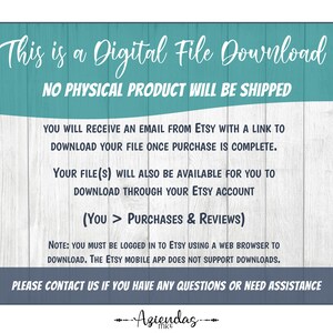 May include: A teal blue and white woodgrain background with the text "This is a Digital File Download NO PHYSICAL PRODUCT WILL BE SHIPPED" in white text. The text below explains that you will receive an email from Etsy with a link to download your file once purchase is complete. It also states that your file(s) will also be available for you to download through your Etsy account (You > Purchases & Reviews). The text also states that you must be logged in to Etsy using a web browser to download. The Etsy mobile app does not support downloads. The text ends with "PLEASE CONTACT US IF YOU HAVE ANY QUESTIONS OR NEED ASSISTANCE" in white text. The text "Aziendas MKE" is in black text on a white background.