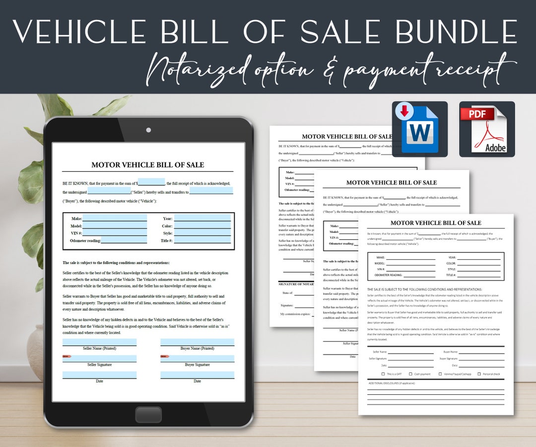 Motor Vehicle Bill of Sale, Printable Form Templates Bundle Auto Car