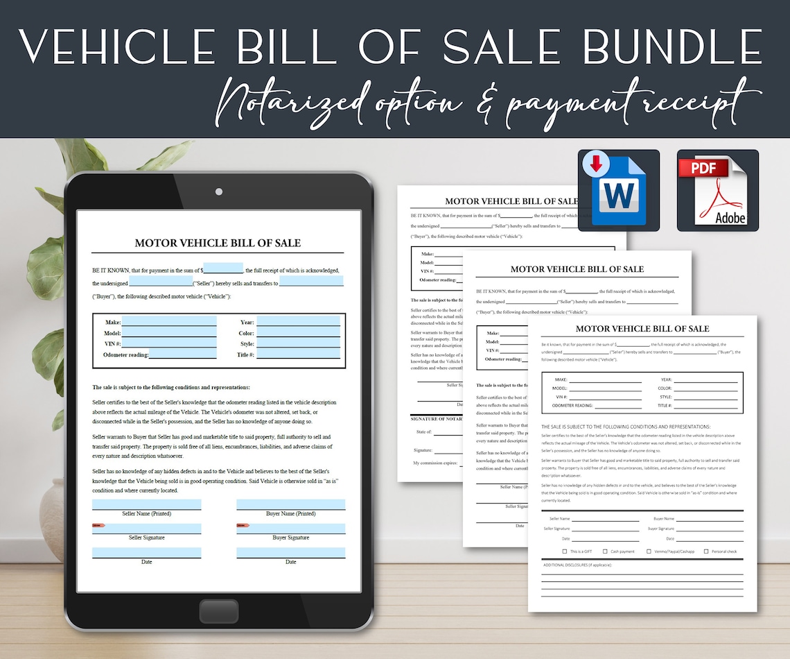Motor Vehicle Bill of Sale, Printable Form Templates Bundle Auto Car ...