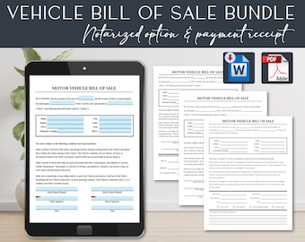 Puede incluir: Un paquete imprimible de tres formularios de factura de venta de vehículos de motor. Los formularios están en blanco y negro y tienen campos para que el comprador y el vendedor los rellenen. Los formularios están titulados "Factura de venta de vehículos de motor".
