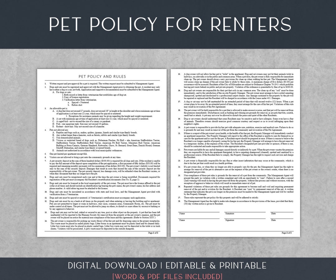 Pet Policy Template for Renters Dogs, Cats, Animal Rules for Rental