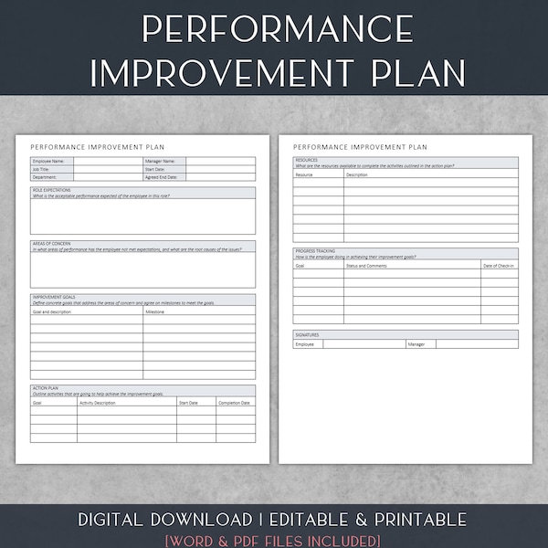 Modèle de plan d'amélioration des performances | Formulaires de ressources humaines et de gestion des employés | Mot modifiable | Format lettre 8,5x11