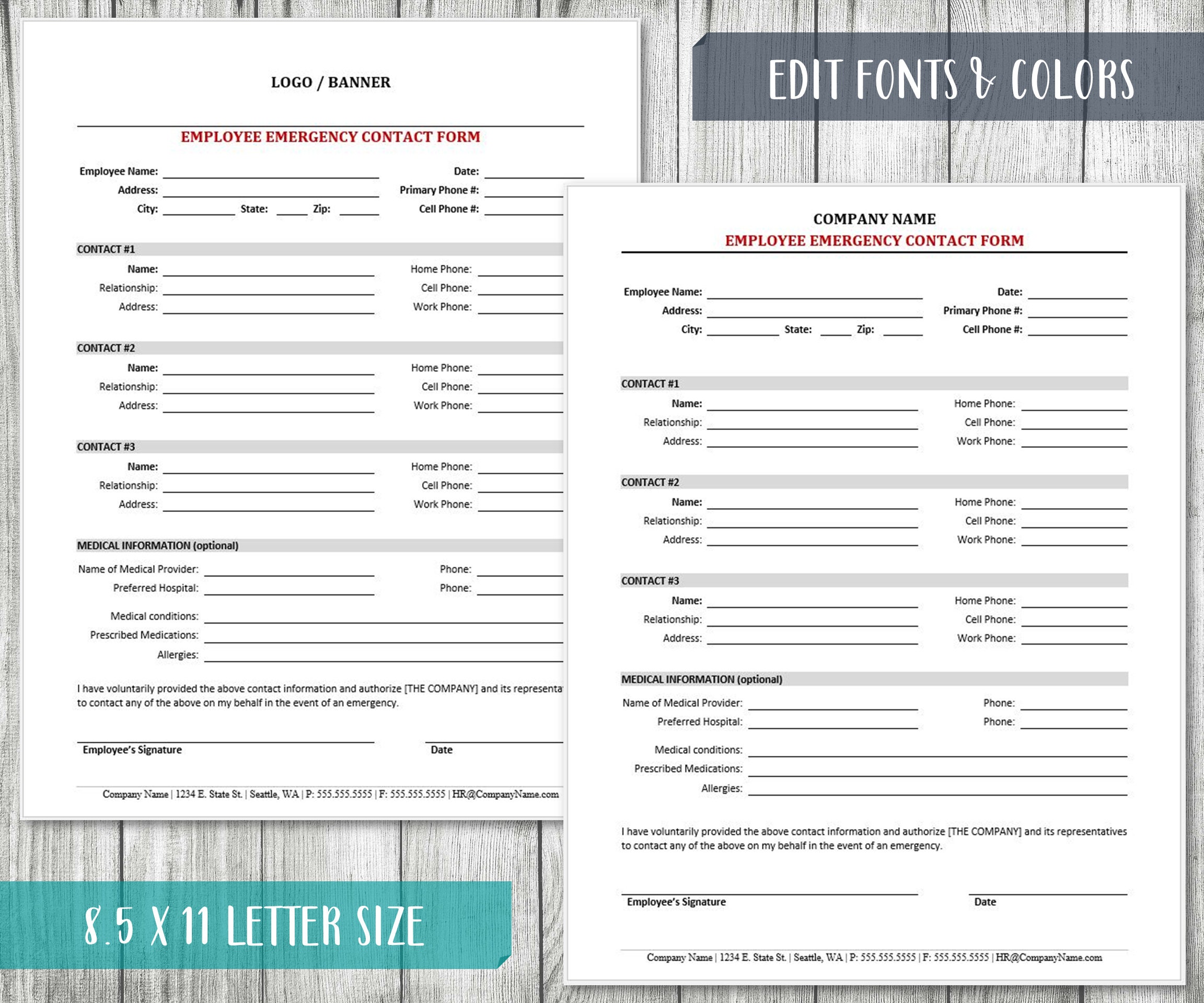 Employee Emergency Contact Form HR Employment Templates - Etsy