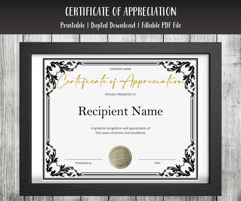 Certificate of Appreciation Fillable PDF File Editable & - Etsy