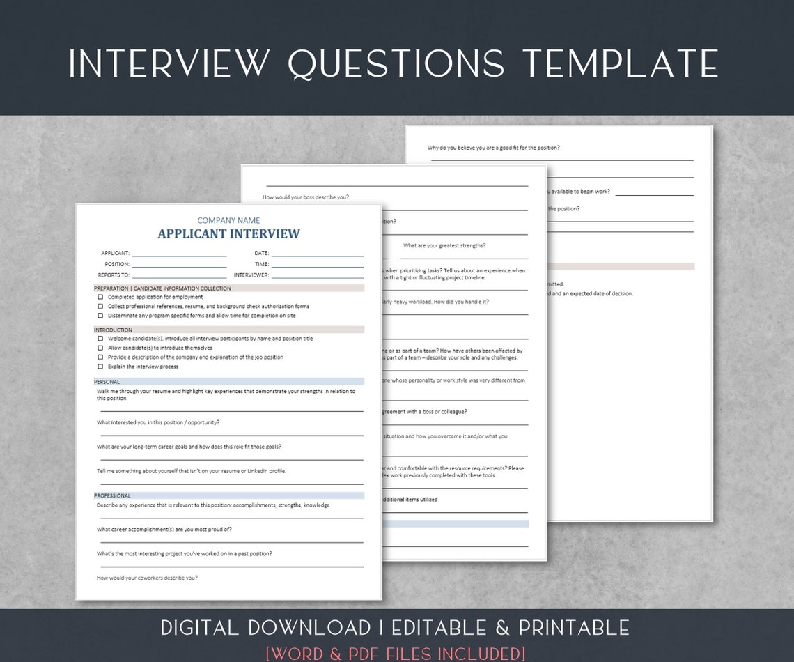 Applicant Interview Questions Template: Editable HR Planner (digital ...