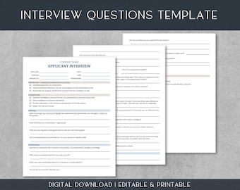 Applicant Interview Questions Template | Applicant Interview Planner | Organizer | Onboarding | Instant Download | Editable Word | 8.5x11