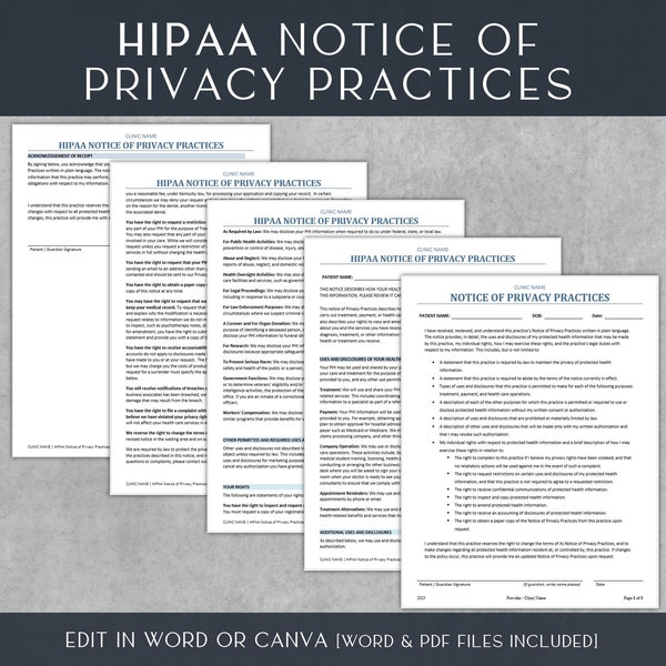 Modèle d’avis HIPAA sur les pratiques de confidentialité | Formulaires d'admission médicale pour les patients | Modèles de soins de santé | Antécédents médicaux | Confidentialité | HIPAA| 8,5x11