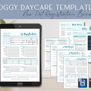 Puede incluir: Un conjunto de formularios de registro de guardería para perros imprimibles en un esquema de color azul y blanco. Los formularios incluyen una hoja de bienvenida, un perfil de mascota, un formulario de registro, un formulario de autorización de fotos y una hoja de tarifas. Los formularios están disponibles en formato PDF y Word.