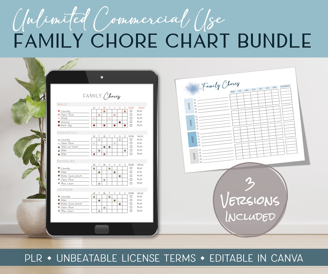 PLR Family Chore Chart Bundle | Kids Allowance Tracking for House ...