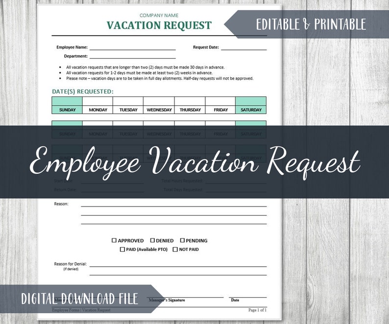 Employee Vacation Request Template Human Resources Employee Time off