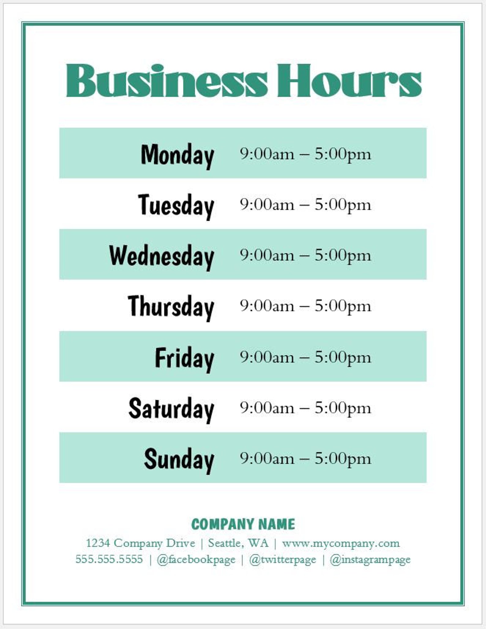 Business Hours Sign Printable Template Hours of Operation Etsy