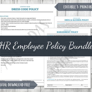 Może przedstawiać: Drukowany pakiet zasad HR dla pracowników w czarno-białym projekcie. Pakiet zawiera zasady dotyczące ubioru, używania narkotyków i alkoholu oraz molestowania. Tekst na stronie brzmi "HR Employee Policy Bundle".