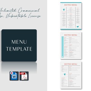 Modelo de menu PLR para restaurante ou anfitrião de festa. Word, PDF, carta dos EUA