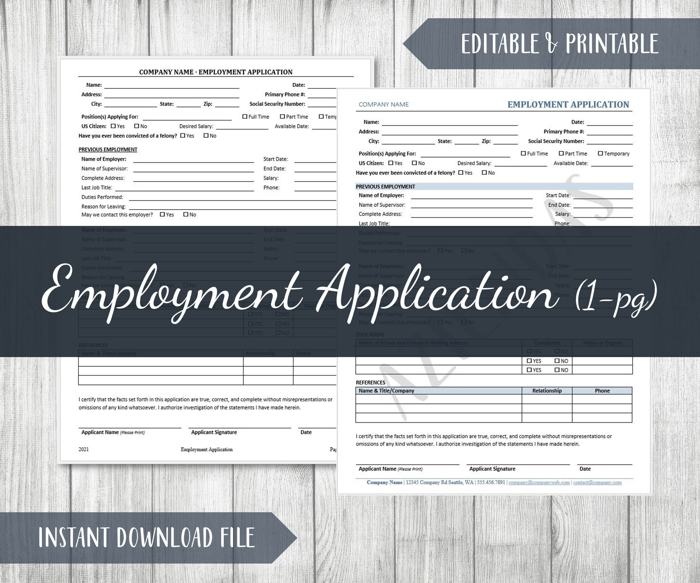 Employment Application Template | 1-page Layout | Job Application ...
