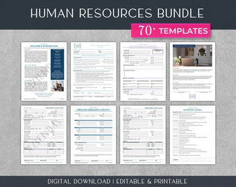 May include: A digital download bundle of 70+ human resources templates for businesses. The templates are editable and printable in Word and PDF formats. The bundle includes forms for employee onboarding, emergency contact, interview agenda, and more.