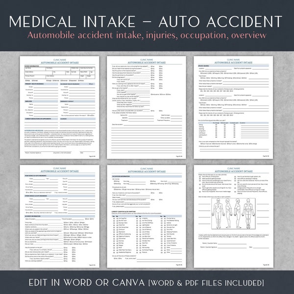Auto Accident Medical Patient Intake Form Template | Healthcare Templates | 8.5x11 | Word | PDF | Editable Digital Download