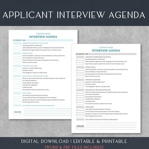 Employment Interview Agenda Template | Applicant Interview Planner | Organizer | Onboarding | HR | Instant Download | Editable Word | 8.5x11