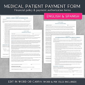 Formulario de Autorización de Pago / Inglés, Español / Acuerdo de Política de Facturación / Formularios de Registro de Admisión Médica / Plantillas de Atención Médica / 8.5x11