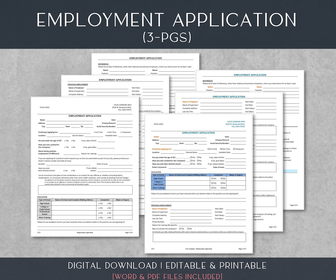 Employment Application Template | 3-page Layout | Job Application ...