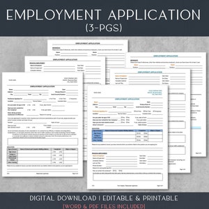 Employment Application Template | 3-page Layout | Job Application | Recruiting | Onboarding | Printable Editable Word Template | 8.5x11